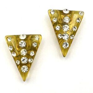 BAKELITE dress clip set - vintage apple juice carved w/ rhinestones triangle pin